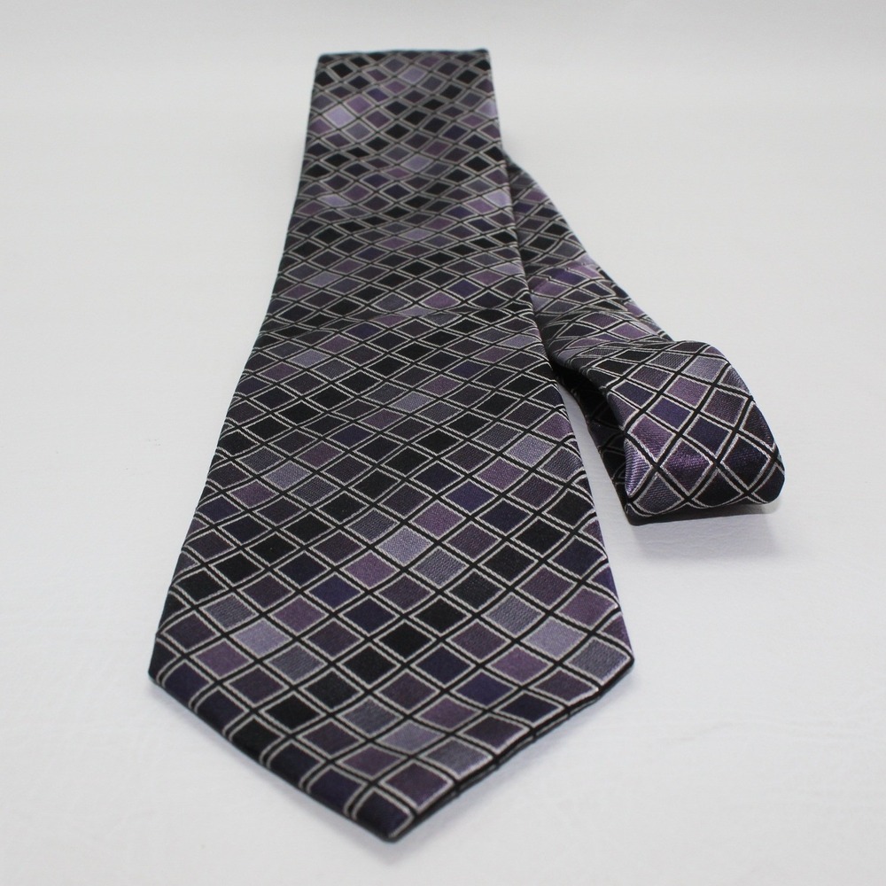 George Mens Purple Grey Geometric Diamond 100% Silk Necktie Classic Width